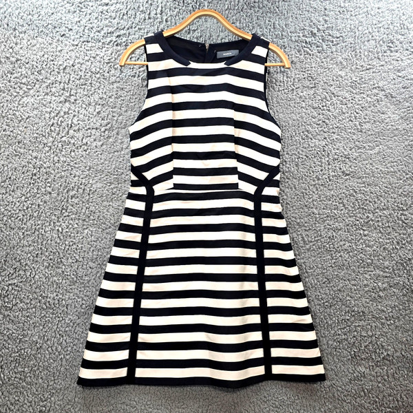 Marcs Womens A-line Dress Size 12 Black Cream Stripe Sleeveless Round Neck