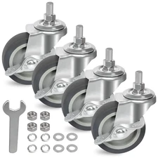 3 Caster Wheels with Locking Brakes, Heavy Duty Threaded Stem, Set of 4, Industr