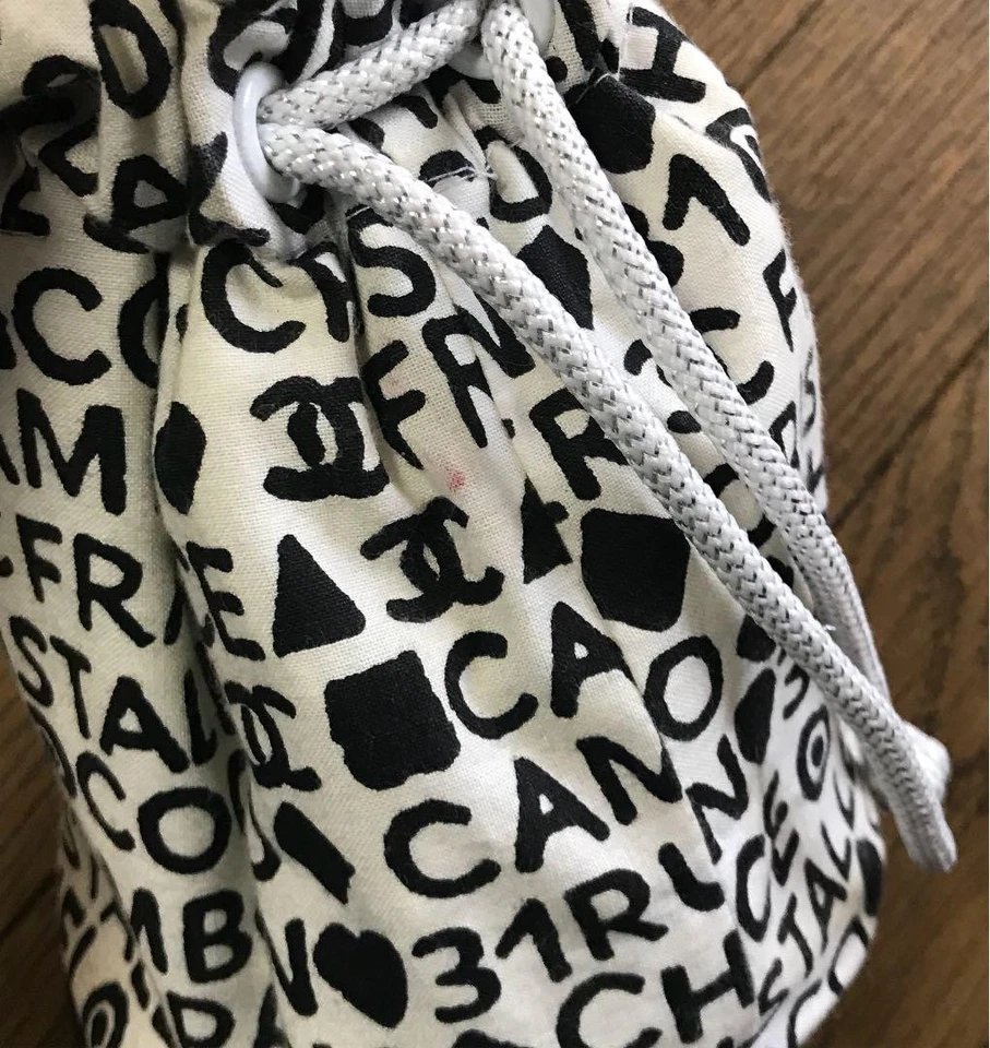 Auténtico bolso CHANEL de lona con cordón blanco, negro mediano para mujer Francia 119054 Foto 3 de 4