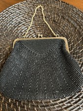 Vintage Black Beaded Evening Bag Clutch Purse With Chain strap: Hand-made