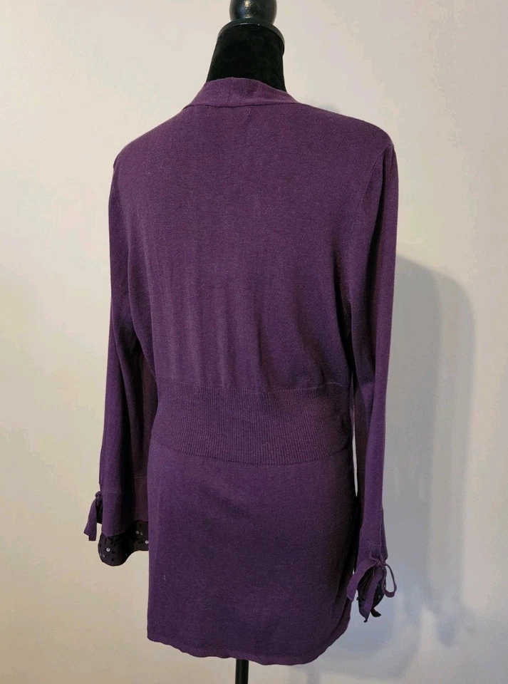 Zozo Women's Cardigan Sweater Sz L Open Front Long Sleeve Purple Knit Elegant - Imagem 3 de 4