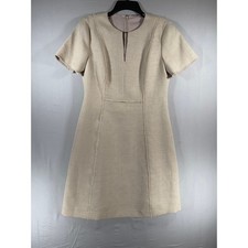 Elie Tahari Beige Textured Fringe Trim Split Neck Short Sleeve Sheath Dress