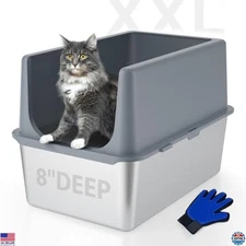 LIHONG Extra-Large Stainless Steel Cat Litter Box with Lid - 23.5" x 15.5" x 16