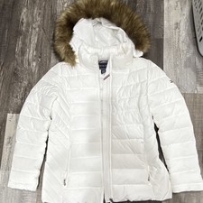 Tommy Hilfiger Women's White Puffer Jacket Hooded Faux Fur Trim Zip Size M