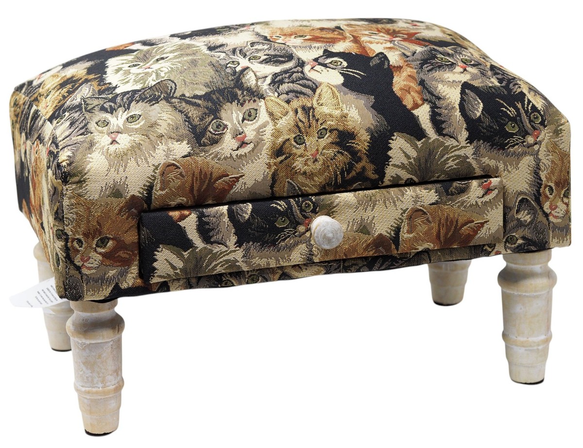 Cat Tapestry Print Upholstered Ottoman Foot Stool with Storage Drawer