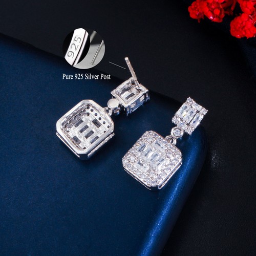 Quadratische weiße kubische Zirkonia CZ lange hängende Tropfen Ohrringe 925 Silber Schmuck Geschenk - Bild 8 von 10