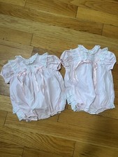 Vintage Twin Girl Dress Rompers 9mo Made In USA Baby Girl Lace Pink