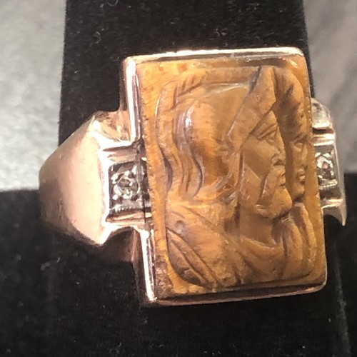 10k Gold Tiger Eye & Diamond Cameo Ring - Size 10.5 - 5.78gram 10k Soldier Cameo - Picture 7 of 19
