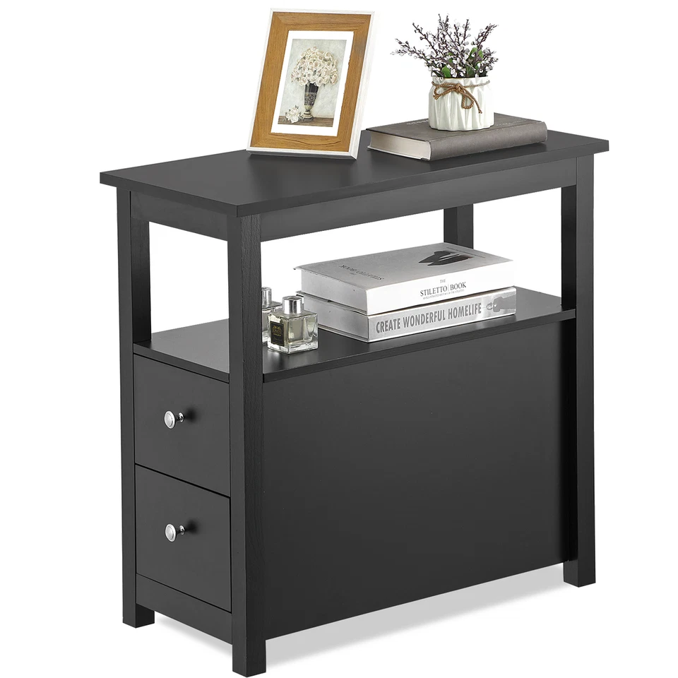 3 Tier 24 Inch End Table Narrow Side Table w/ 2 Drawers and Storage Shelf Black - Image 4 of 4