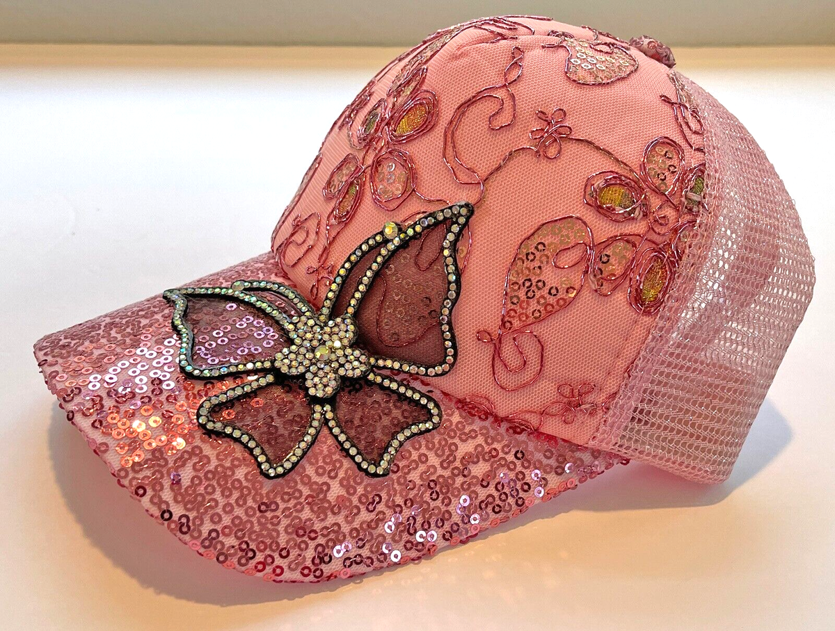 Pink Womens Baseball cap with sequins and butterfly