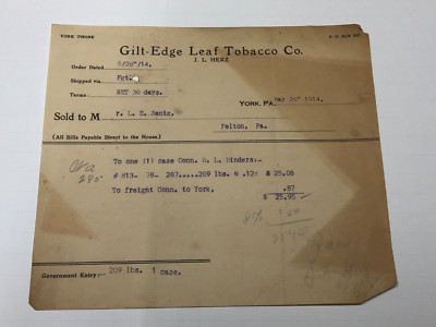 York, PA Gilt - Edge Leaf Tobacco Co. J. L. Herz 1914 Invoice