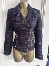Zara Navy Red Boucle Fantasy Tweed Blazer Biker Jacket S Bnwot