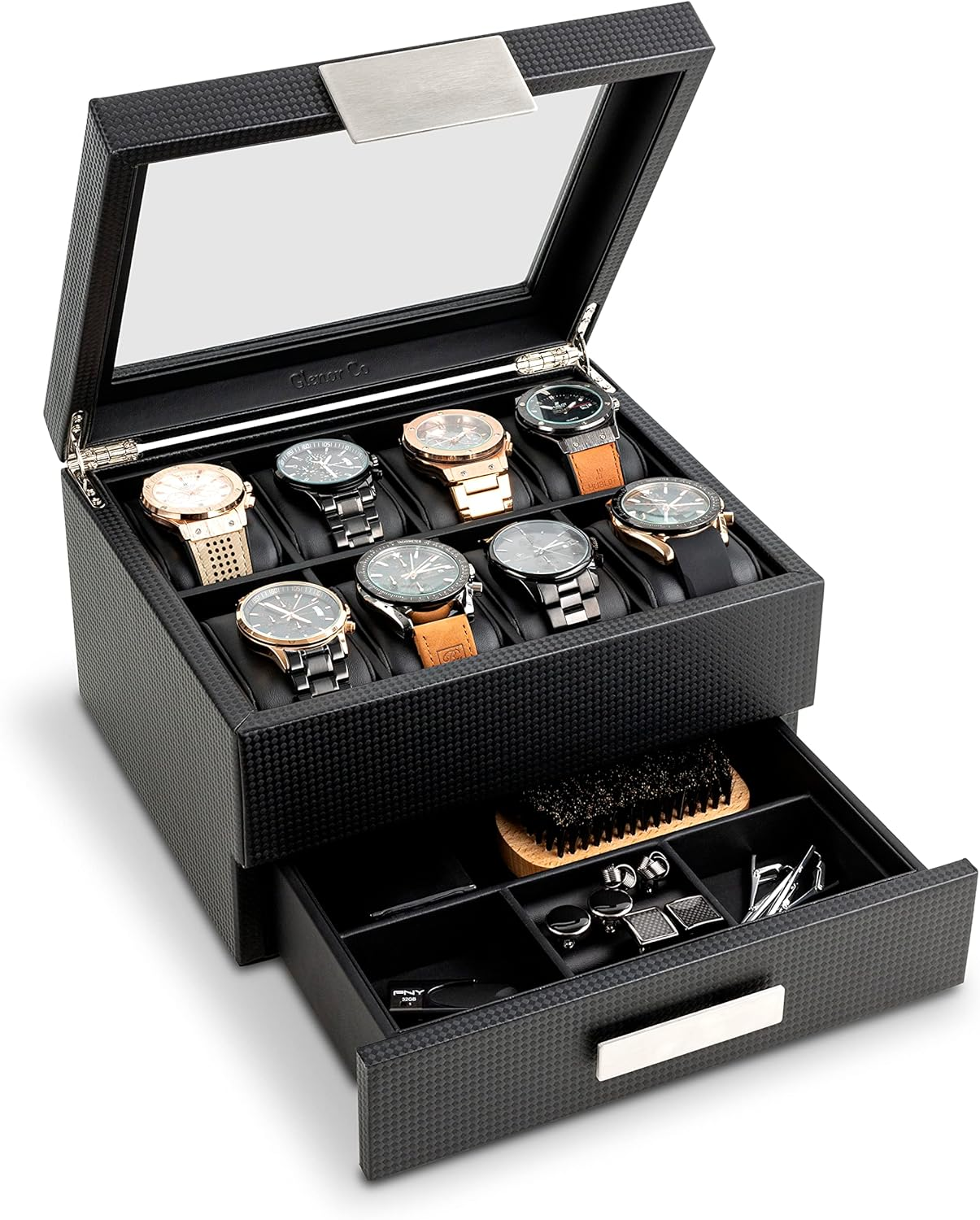 Luxury 8-Slot Watch Box with Valet Drawer - Carbon Fiber Display Case for Men-image