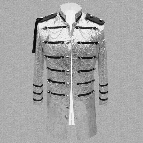 Men's Fit Shiny Sequin Long Tuxedo Suit Jacket Top Prom Showman Costume Coat - Picture 14 of 15
