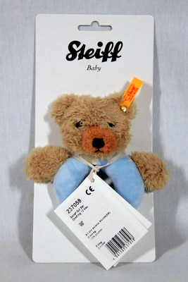 RARE! STEIFF ORIGINAL BEAR BABY BLUE SAFE TEETHING RING W/ RATTLE NEW ON CARD
