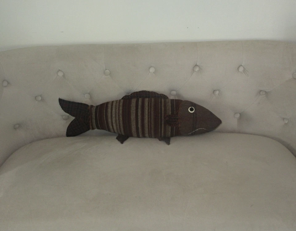 Handmade Recycled Large Striped Brown Wool Plush Rustic Mountain Fish - Image 3 of 3