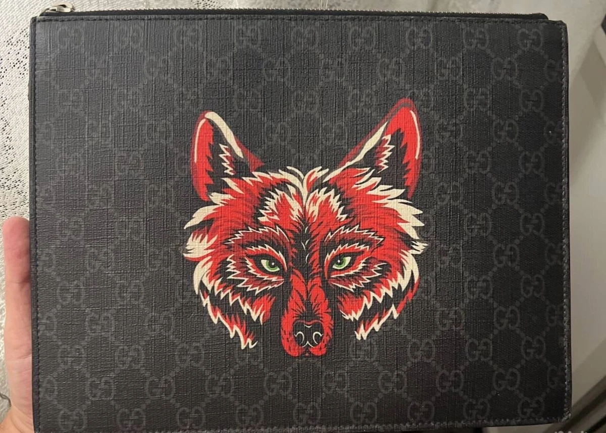 Gucci Grey/Black GG Supreme Canvas and Leather Wolf Card Holder