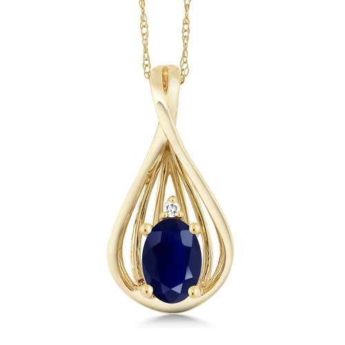 10K Yellow Gold Sapphire and Diamond Teardrop Pendant Necklace For Women (0.55