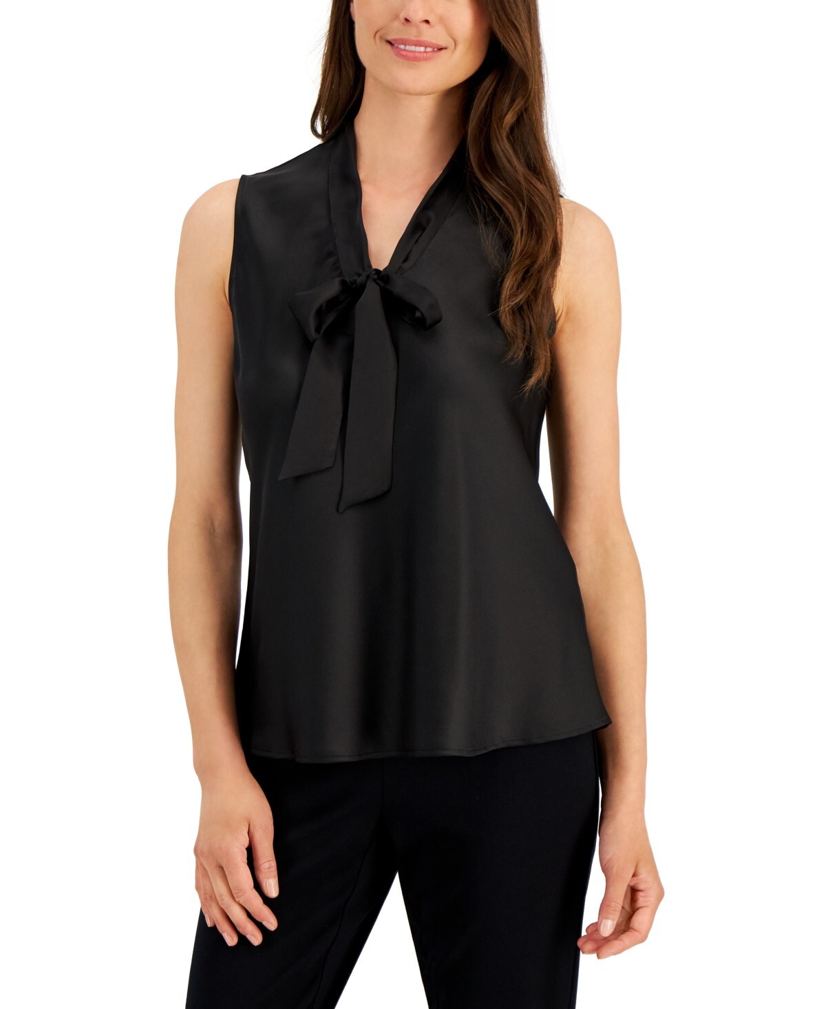 Kasper Women's Sleeveless Matte Satin Tie-Neck Blouse Black Size S MSRP $59
