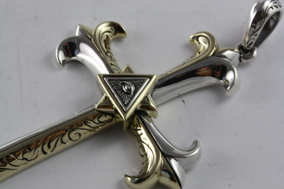 Massonica Massoni Templare Croce Gigli Rimorchio Placcato Oro 925 Argento / 247 - Immagine 3 di 4