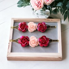 Pink Rose Flower Hair Pin Womens Floral Bobby Pin Set of 2 Cute Boho Bridal Hair