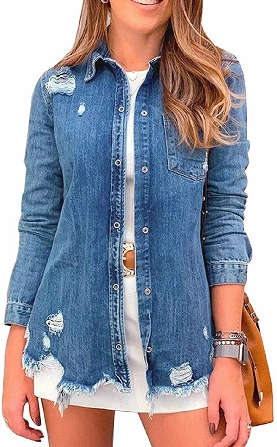 Women's Stylish Spread Collar Distressed Frayed Denim Shirt Tops XS~XXL