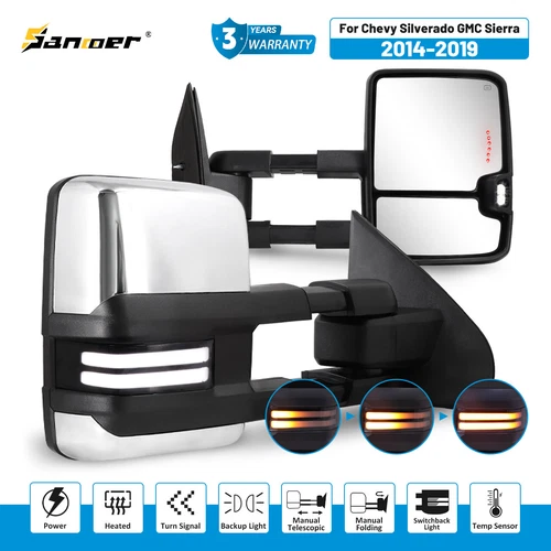 Chrome Tow Mirrors Smoked Switchback For 2014-2019 Chevy Silverado GMC Sierra