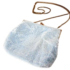 Vintage MAGID Beaded Crossbody Purse Art Deco Pastel Blue Iridescent Chain Strap