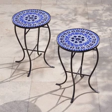 Modern Black Outdoor Accent Tables 14" Wide Set of 2 Light Blue Mosaic for Porch