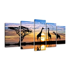 5 Piece Modern Stretched African Landscape Canvas Prints Animals Sunset Artwo...