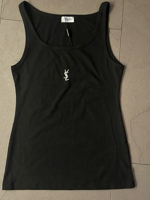 Saint Laurent Paris Damen Trägershirt Schwarz Ripp YSL-Logo Rundhals Gr. L