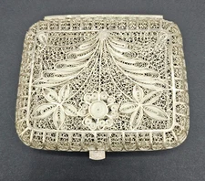 Antique Silver Filigree HANDMADE Cigarette Case 3.5" X 2.75"