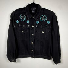 Carole Little Sport Vintage Black Beaded Denim Jacket Southwestern Turquoise XL