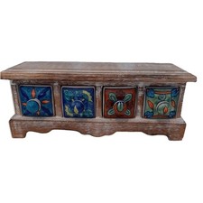 MANGO WOOD CHEST WITH FEET x 4 CERAMIC DRAWERS FOR SPICES JEWELLERY FAIR TRADE 