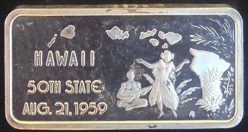 1975 Hawaii Hamilton Mint Toning 50th State Aloha Bullion-0.999 Silver 1 Oz Bar