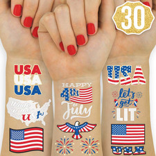 Fourth of July Decorations Temporary Tattoos - 30 Styles America, Red White an