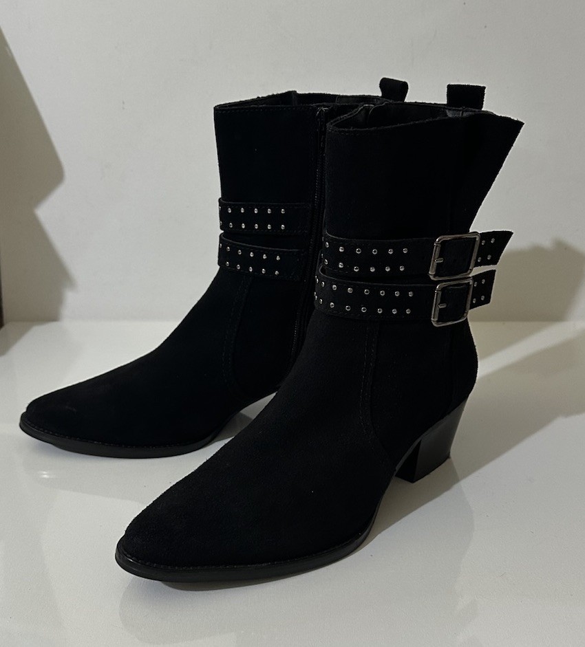 MINT VELVET Black Suede KATE Studded Cuban Western Ankle Boots UK5 RRP£159