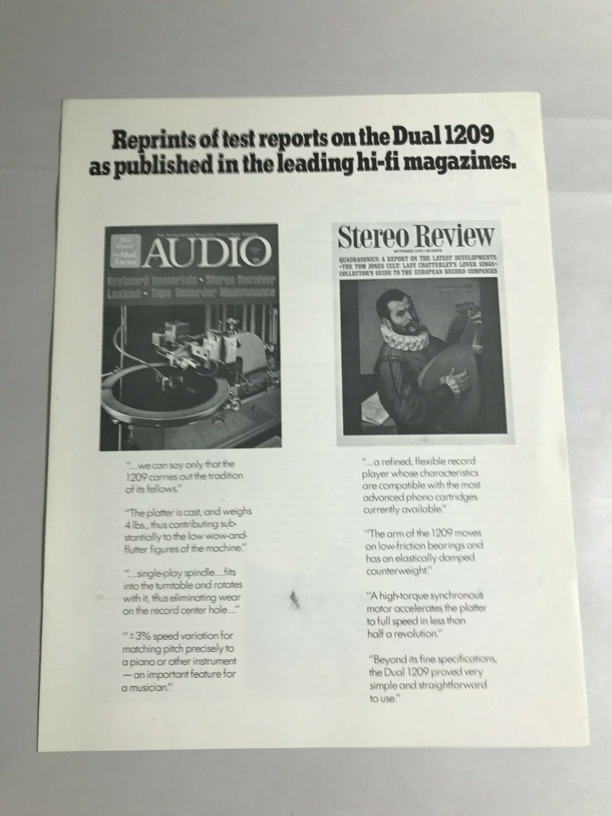 Rare 1970 Dual Model 1209 Turntable Sales Brochure