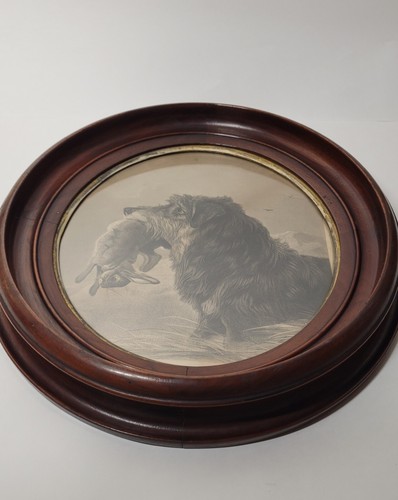 Antique Vintage Richard Ansdell 1800s "Lurcher and Rabbit " Wood Oval Framed Art - Picture 9 of 16