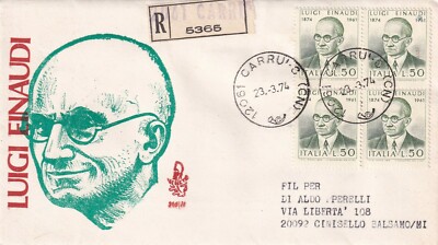 Erster Tag 23.3.1974 Luigi Einaudi - Einschreiben von Carrù - FDC Venedig -