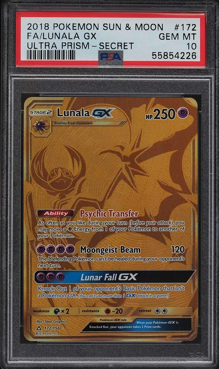 POKEMON PSA 9 MINT LUNALA GX GOLD F.A SECRET RARE 172 SUN & MOON