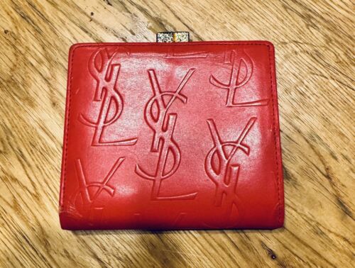 Authentic Yves Saint Laurent YSL Rare Vintage Red Leather Clasp Coin Case Wallet - Picture 1 of 14
