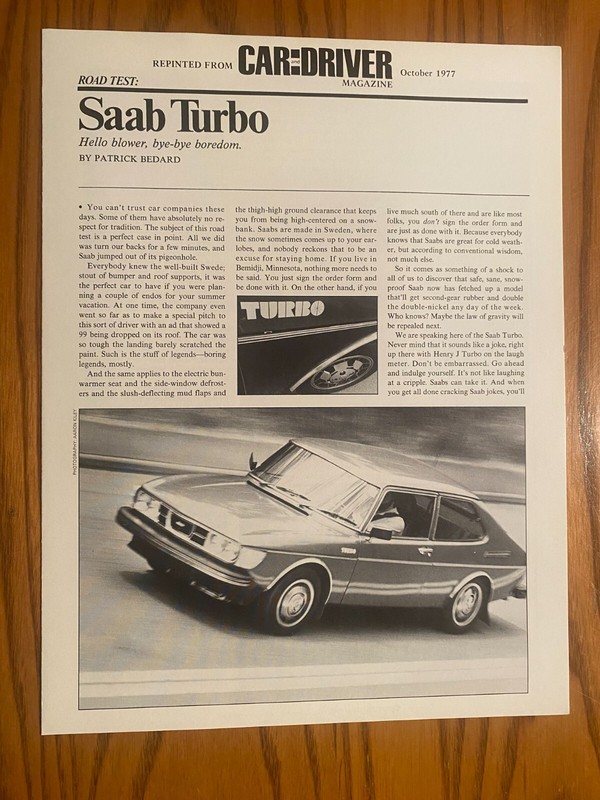 1978 Saab Turbo Sales Brochure - Reprint of Car and Driver Road Test - Oct 1977