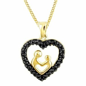 Authentic Black Diamond Accent 10K Gold Plated Sterling Silver Mom & Child Heart Pendant