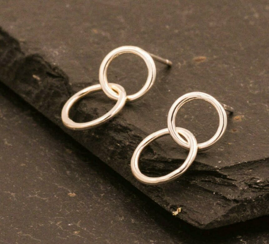 14k Oro Blanco Círculo Pendientes de Aro Par Minimalista Delicado Tuerca Moderno