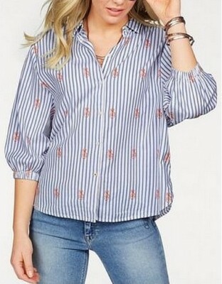 Lee Damen Bell Sleeve Shirt Hemd Bluse Oversize Blau Weiß Streifen 3/4 Ärmel