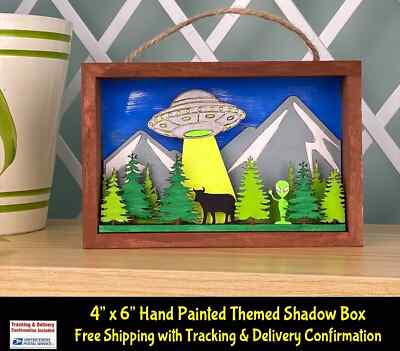 UFO Alien Cow Abduction Scene 3D Effect Wood Shadow Box Laser Cut & Hand Painted