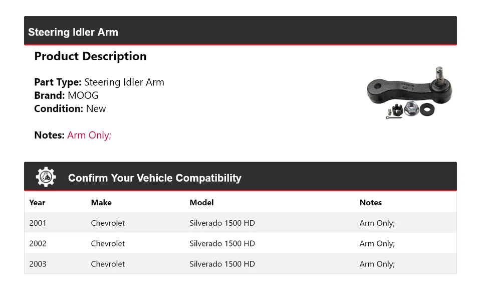 Brazo de rueda loca de dirección para Chevrolet Silverado 1500 HD 2001-2003 MOOG 2001 2002 2003 Foto 2 de 4
