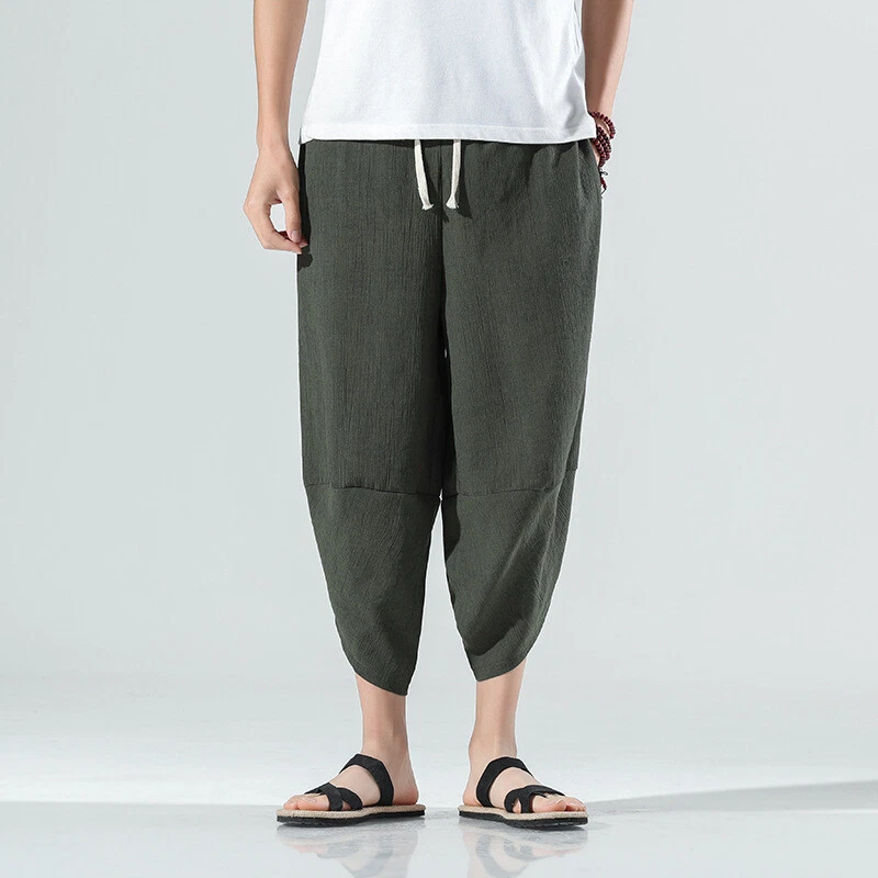 Men's Pants Chinese Style Linen Loose Large Size Haren Pants Cropped Trousers - Image 3 of 4