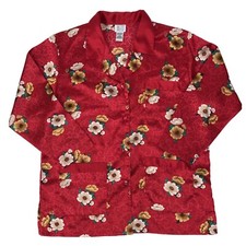 Morgan Taylor Intimates Red Floral Silk Satin Sleepwear Pajama Top Button Down M